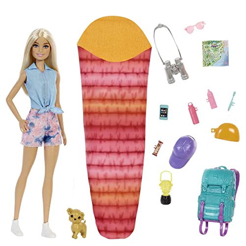 Barbie- Siamo In Due Malibu In Campeggio Bambola Bionda Con Cagnolino, Zaino, Sacco A Pelo E Accessori Da Campeggio, Giocattolo Per Bambini 3+ Anni, H