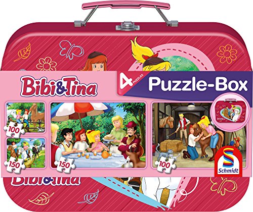 Schmidt - Bibi & Tina Puzzle Box, Valigetta Di Metallo, 2 X 100 Pezzi/2 X 150 Pezzi