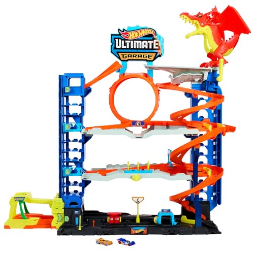 Hot Wheels City 'Let'S Race' Netflix - Mega Garage, Playset Con Quattro Livelli Di Gioco E Drago Divora Auto, Con 2 Macchinine Die-Cast E Box Per Ripo