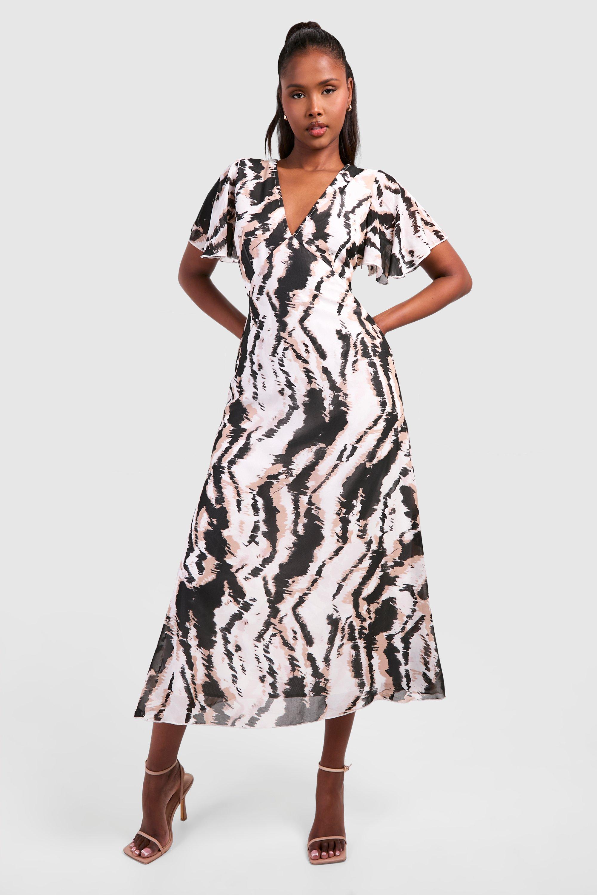 Abstract Chiffon Angel Sleeve Midaxi Dress, Brown