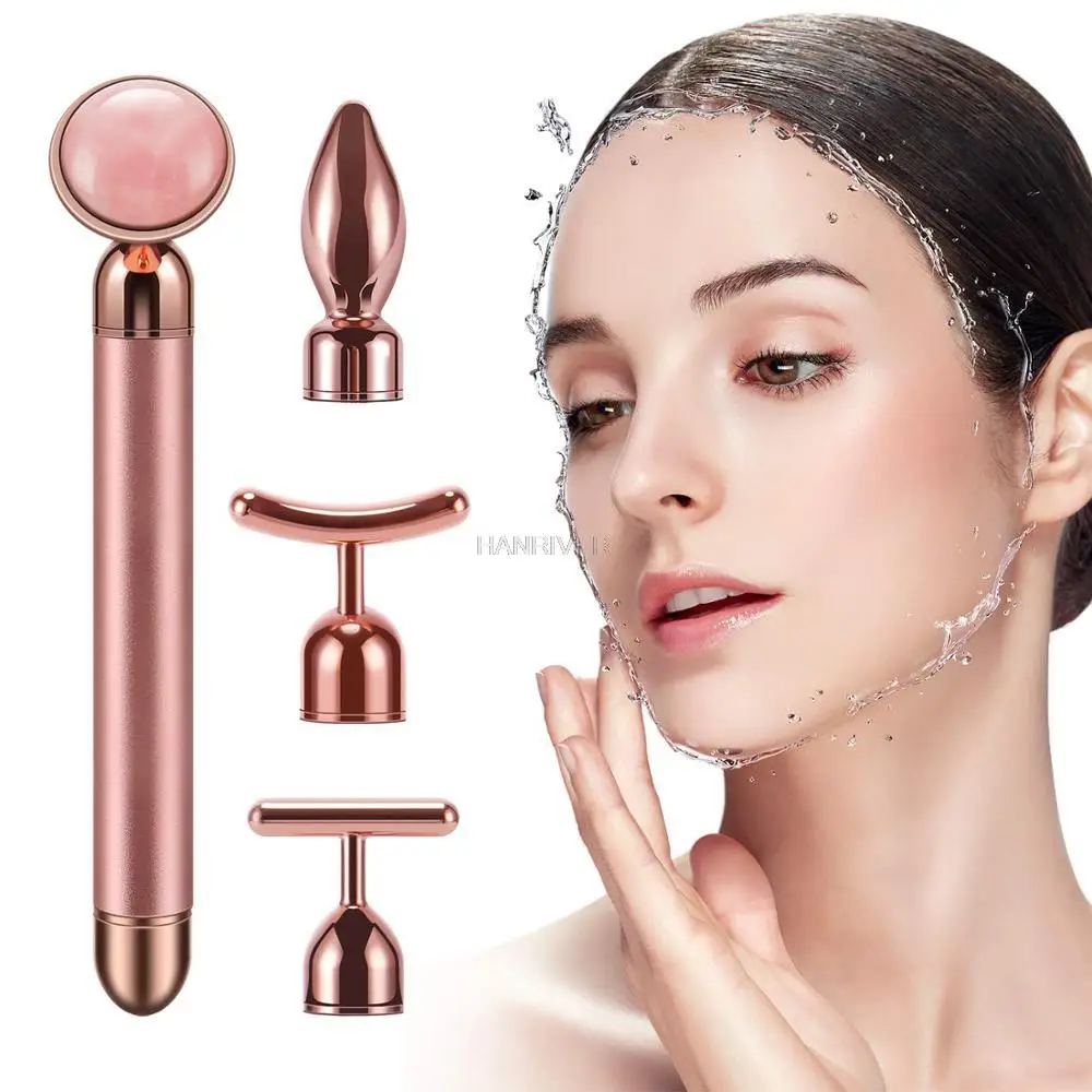 4 In 1 Rullo Vibrante Al Quarzo Rosa Rullo Viso Massaggiatore Occhi Rullo Di Giada A Forma Di T/V Face Lifting Massaggiatore Dimagrante Beauty Bar