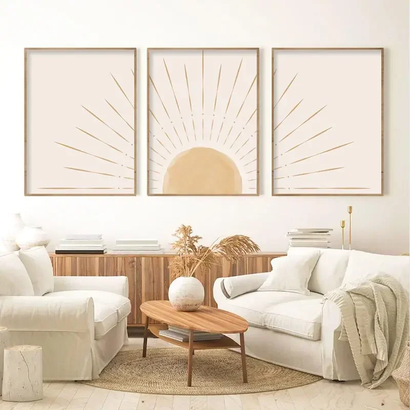 Boho Wall Art Yellow Sun Rising On The Horizon Geometric Nature Illustration Line Art Wall Mid Century Modern Poster E Stampe