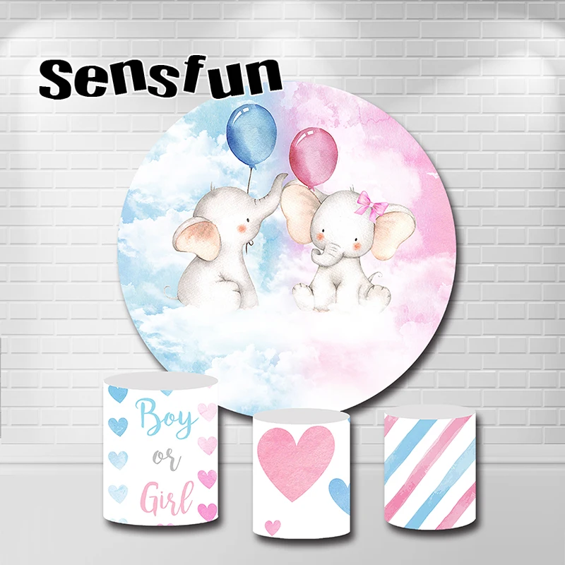Gender Reveal Party Round Background Cover Baby Elephant Boy O Girl Cirlce Sfondo Table Banner Coperture Cilindriche