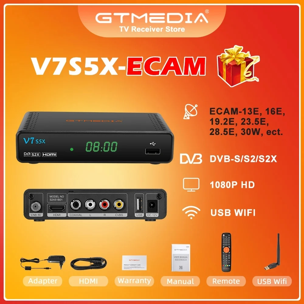 Gtmedia V7 S5X Ecam Decoder Satellitare Dvb-S2 S2X Avs + Vcm Acm Multi-Stream T2Mi Pls Tv Box 1080P Biss Auto Roll Ricevitore Powervu