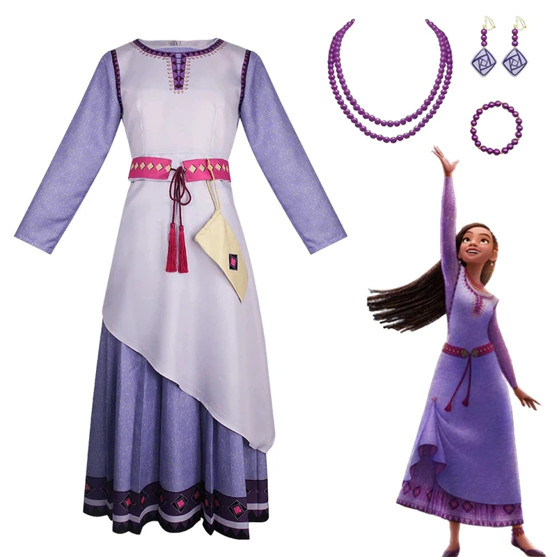 Disney Wish Asha Cosplay Costume Dress Collana Bracciale Clip Per L'Orecchio Set Completo Asha Princess Halloween Party Costumes For Adult Kids