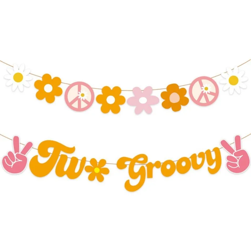 Due Groovy Birthday Banner Decorazioni Bus Rainbow Daisy Flowers Banner Retro Groovy Per Neonate 2Nd Birthday Party Supplies