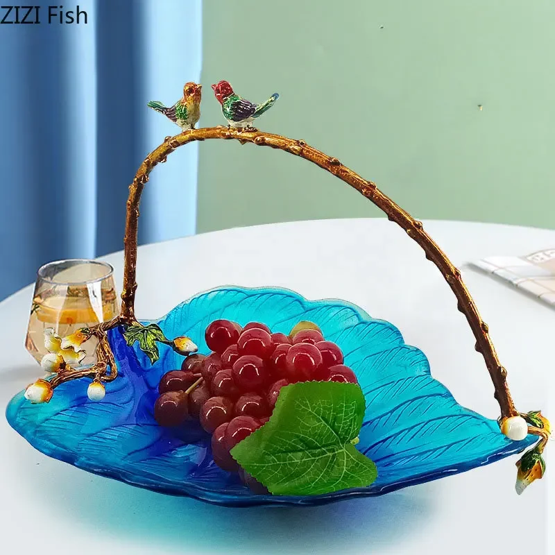 Blue Leaves Fruits Basket Glass Fruit Plate Metal Bird Decorative Transparent Fruits Tray Snacks Candy Plate Storage Basket