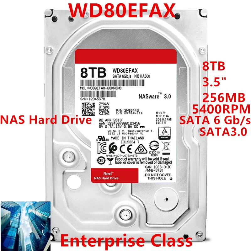 Nuovo Hdd Originale Per Wd Marca Red 8Tb 3.5 "Sata 6 Gb/S 256Mb 5400Rpm Per Disco Rigido Interno Per Disco Rigido Nas Per Wd80Efax