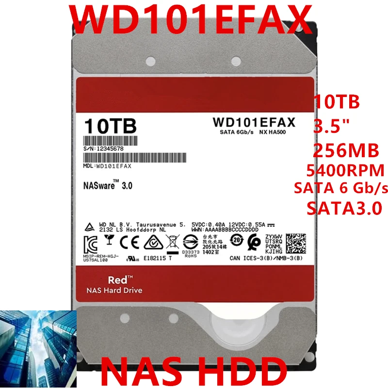 Nuovo Hdd Originale Per Wd Marca Red 10Tb 3.5 "Sata 6 Gb/S 256Mb 5400Rpm Per Disco Rigido Interno Per Disco Rigido Nas Per Wd101Efax