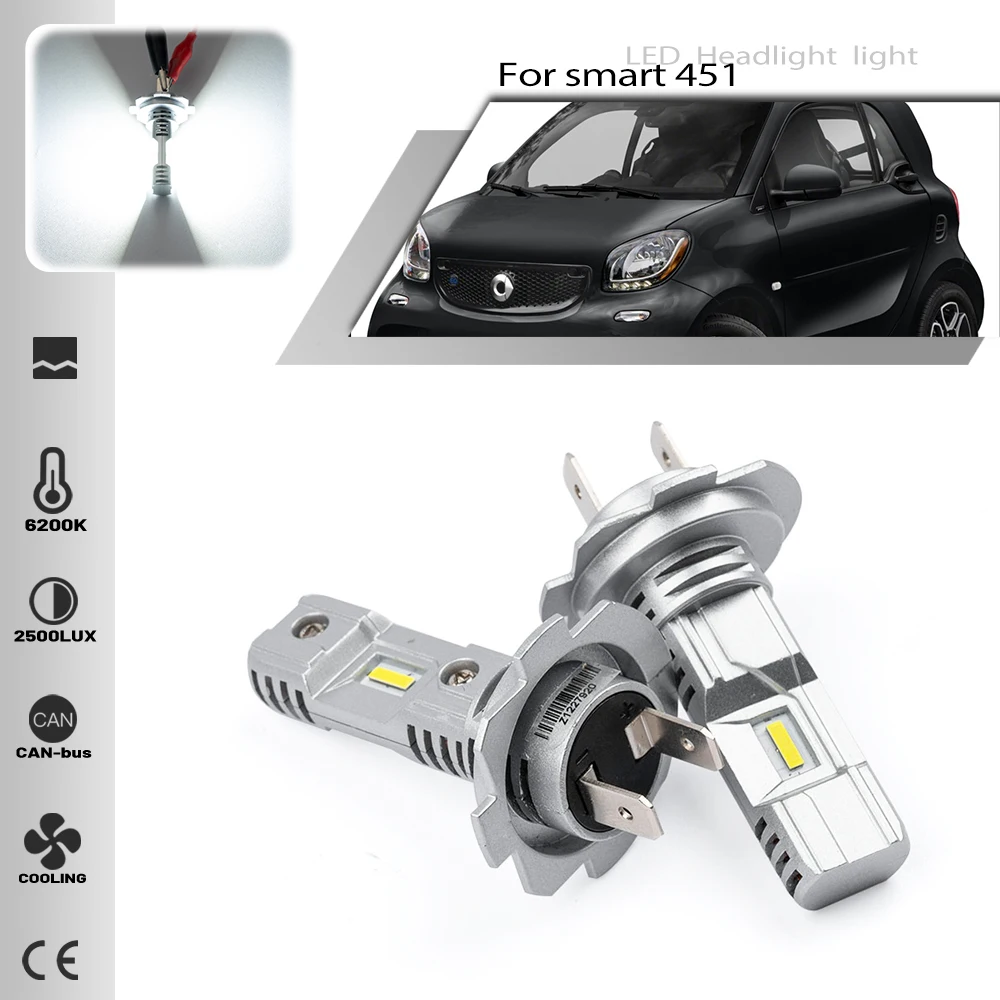 2Pcs H7 Led Canbus Fari Lampadine High Low Hi/Lo Beam 6500K Illuminazione Automatica Bianca Per Smart Fortwo 451 2007-2024 Plug & Play