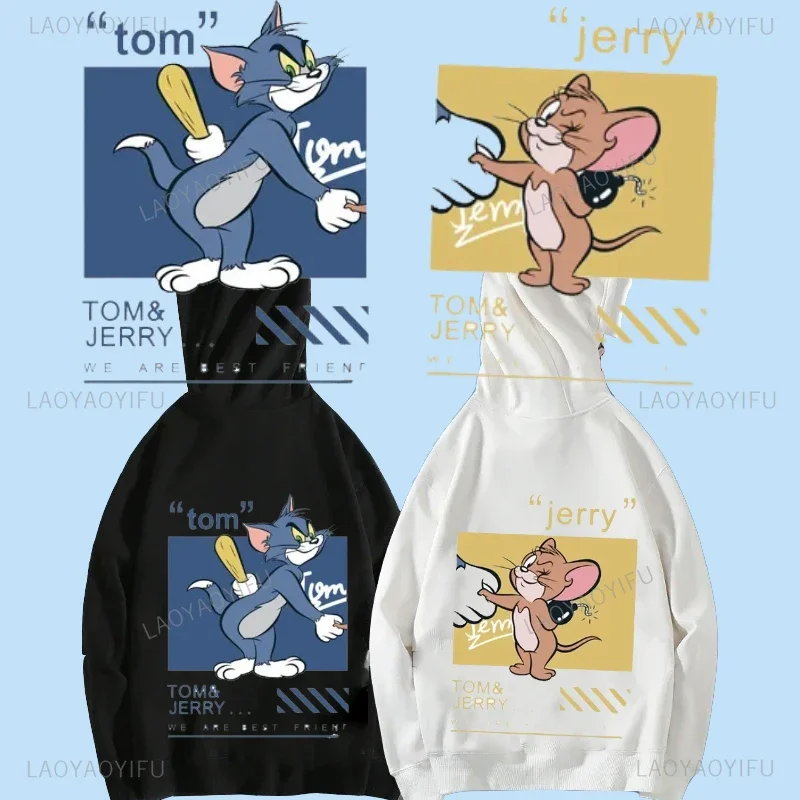 2024 New Fashion Cartoon Cat T-Tom And Mouse J-Jerry Print Felpe Con Cappuccio Pullover In Pile Cartoon Tom Cat Abbigliamento Per Coppia Streetwear