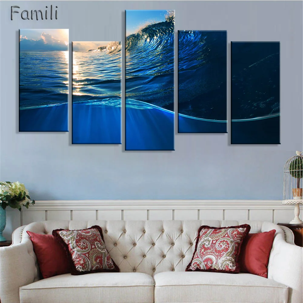 5 Pannello Di Arte Moderna Mare Verde Blu Beach Onda Immagine Decorazione Della Tela Di Canapa Pittura Immagine Della Parete Per Soggiorno Decorazioni