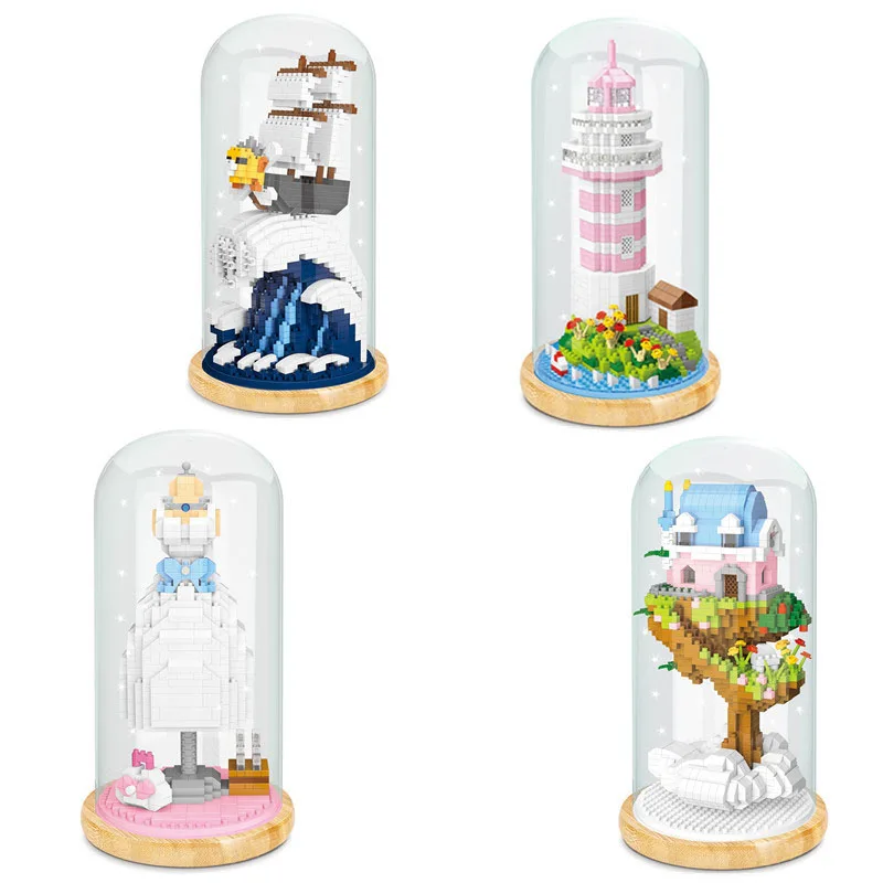 Stand Espositivo Brick Micro Diamond Block Abito Da Sposa One Piece Thousand Sunny Pirate Ship Treehouse Nanobrick Toy Con Luce
