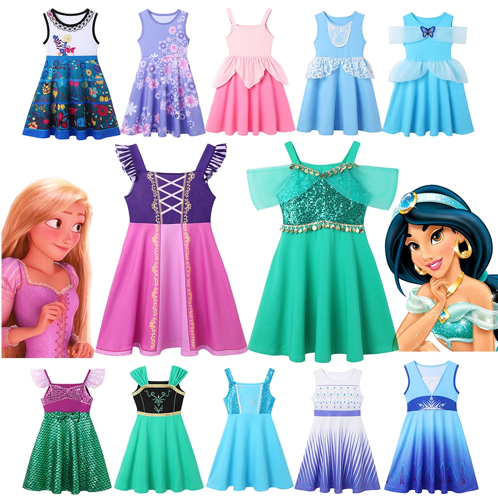 Disney Rapunzel Princess Girl Dresses Summer Children Clothes Jasmine Little Mermaid Ariel Princess Vestido Encanto Mirabel Elsa