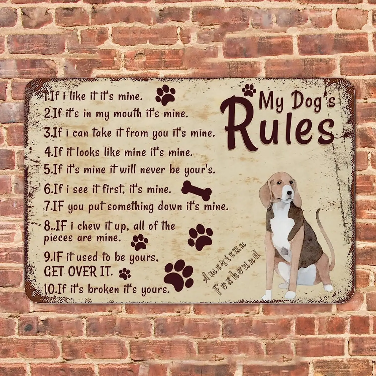 American Foxhound Metal Tin Sign My Dog Rules Retro Metal Sign Divertente Regalo Per Cani Per Gli Amanti Dei Cani Animal Paw Print Tin Sign