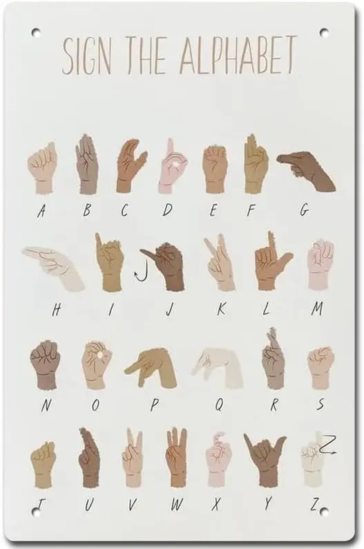 Vintage Tin Sign Asl American Sign Language Alphabet Educational S Abc Playroom Wall Art Boho Classroom Decor Homeschool