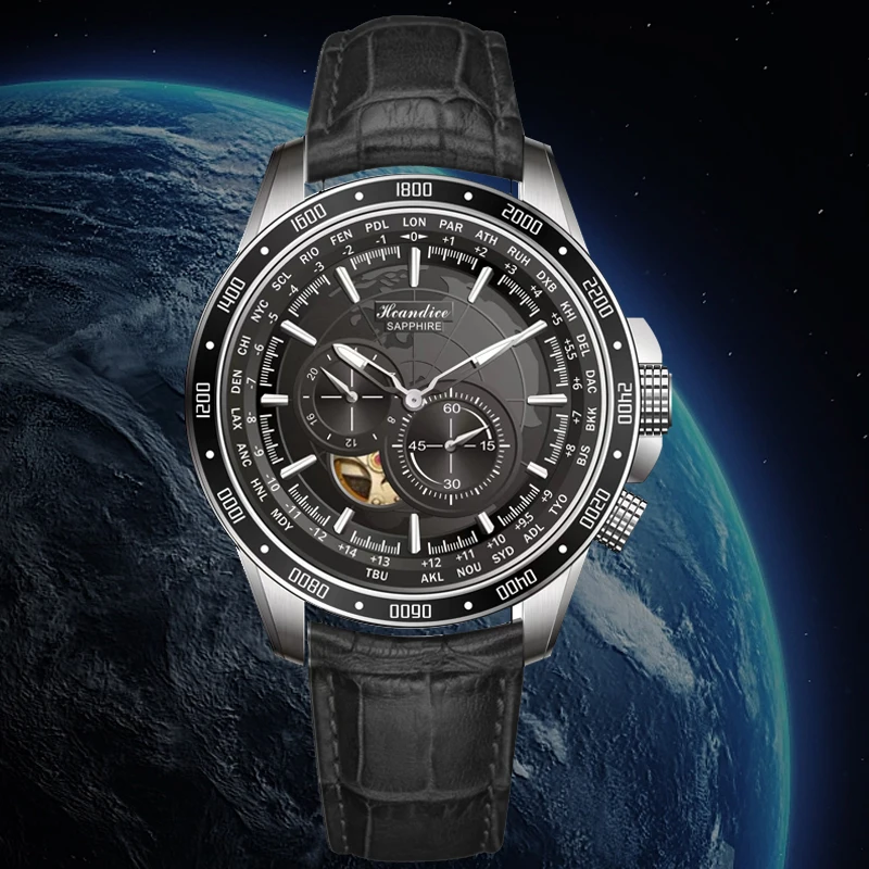 50M Impermeabile Mappa Del Mondo Orologio Da Uomo Gmt Orologi Meccanici Automatici Rilievo 3D Quadrante Grande Data Automatica Zaffiro Orologi Da Pols