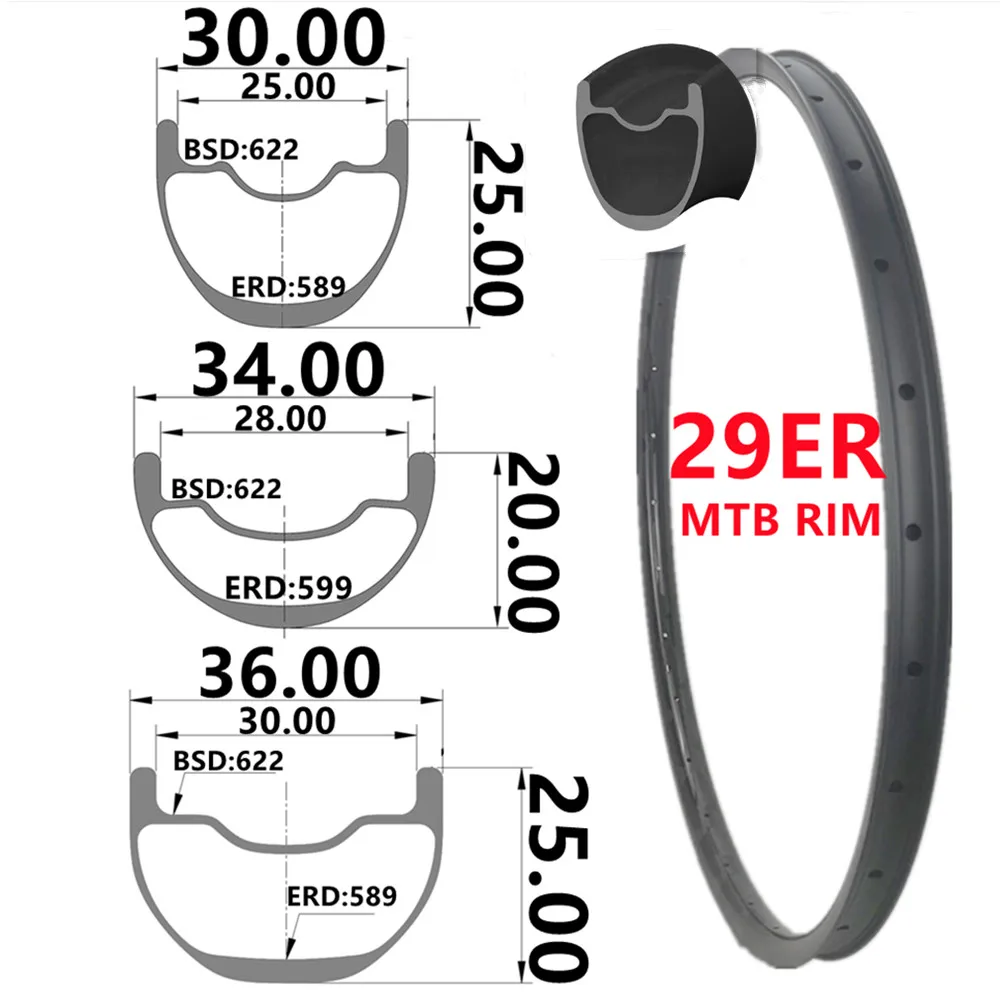 Cerchio Mtb In Carbonio 29Er 30 34 36Mm Larghezza Mtb Cerchio In Carbonio 20 25Mm Profondità Super Leggero In Carbonio Tubeless Simmetrico Mtb Cerchio
