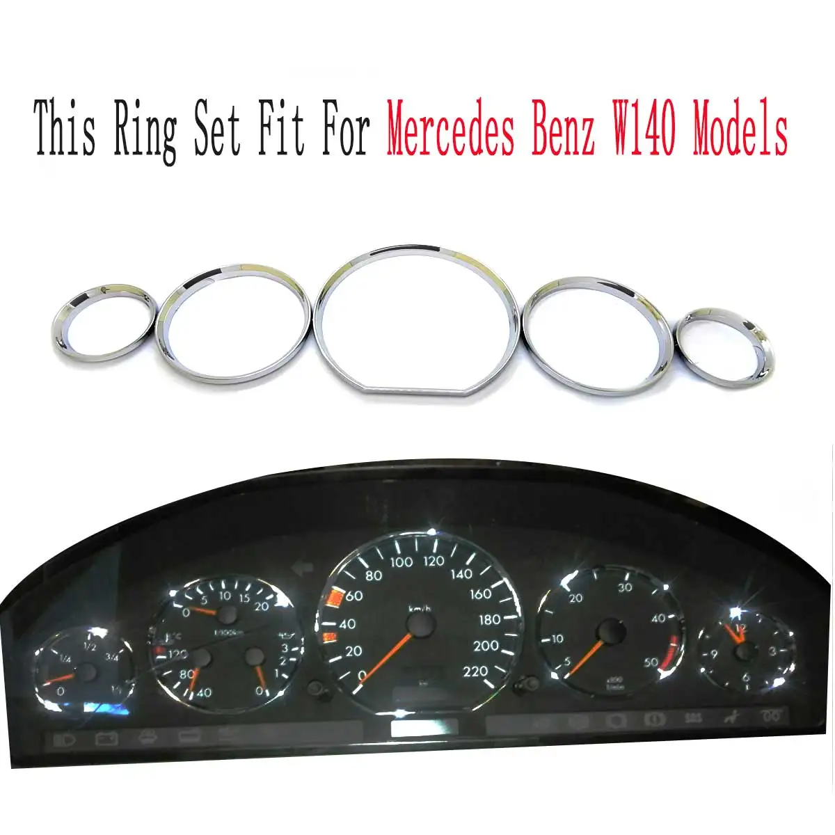 Tachimetro Gauge Dial Rings Cornice Trim Per Mercedes Benz W140 (Argento Cromato)