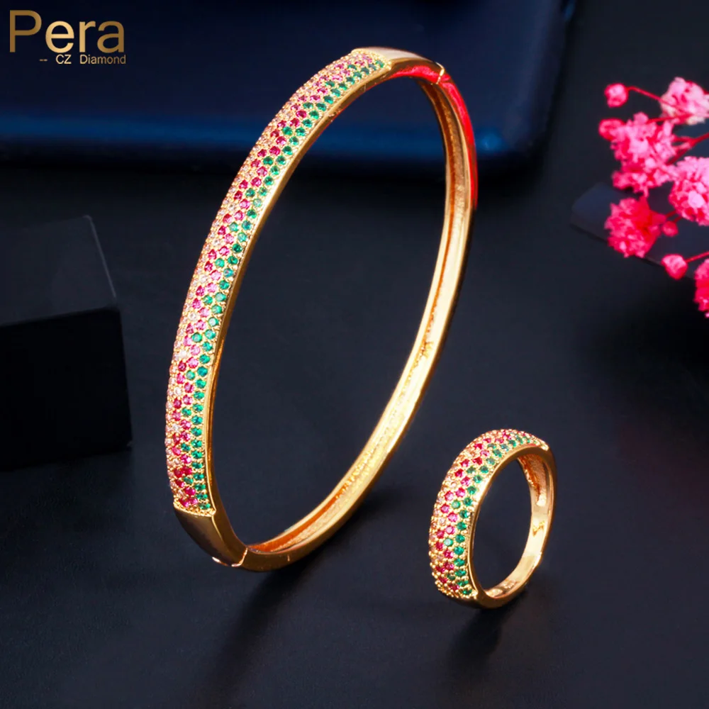 Pera Brand Design Micro Multicolor Cz Pave Color Oro Open Cuff Bangle Bracciale Set Di Anelli Per Gioielli Da Festa Per Banchetti Da Donna Z070