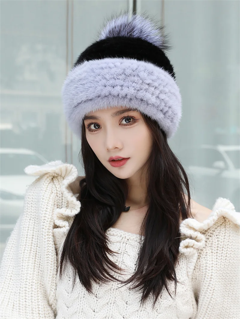 Moda De Malha Senhoras Real Vison Pele Berretti Boné Inverno Chapeu Feminino Quente Natural De Pele De Vison Chapeus De Pele Elas