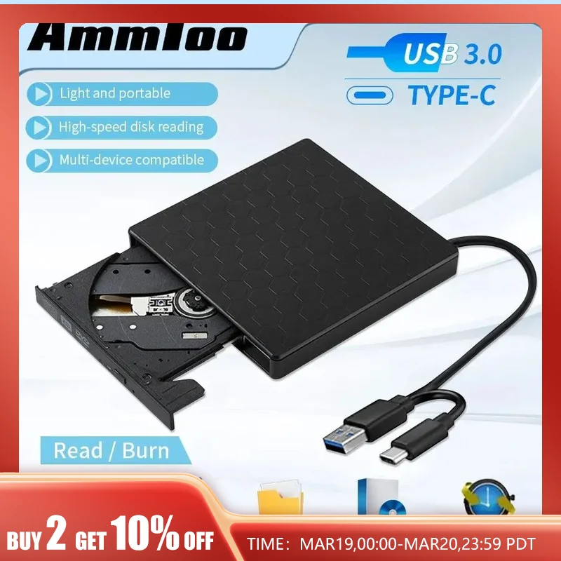 Unità Dvd Esterna Ammtoo Lettore Usb 3.0 Portatile +/-Rw Per Masterizzatore Cd Rom Compatibile Con Laptop Desktop Pc Windows