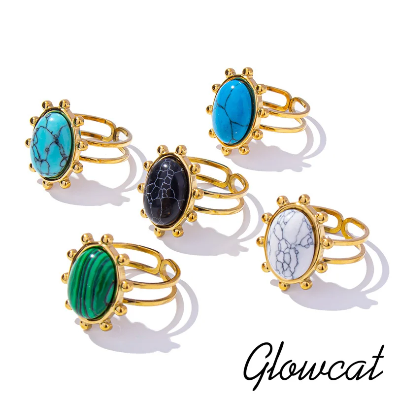 Glowcat 18K Forno Galvanica Sottovuoto Di Anelli In Acciaio Inossidabile Turchese Vintage Placcato Oro Reale Per Regalo Gioielli Donna Uomo