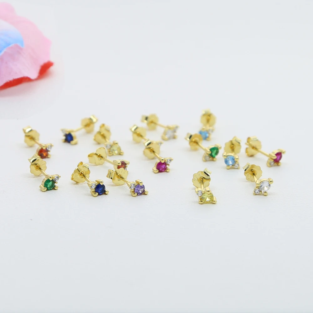 100% 925 Sterling Silver Colorful Birthstone Cz Small Stud Color Oro 925 Stacking Minimal Delicate Dainty Girl Women Earring