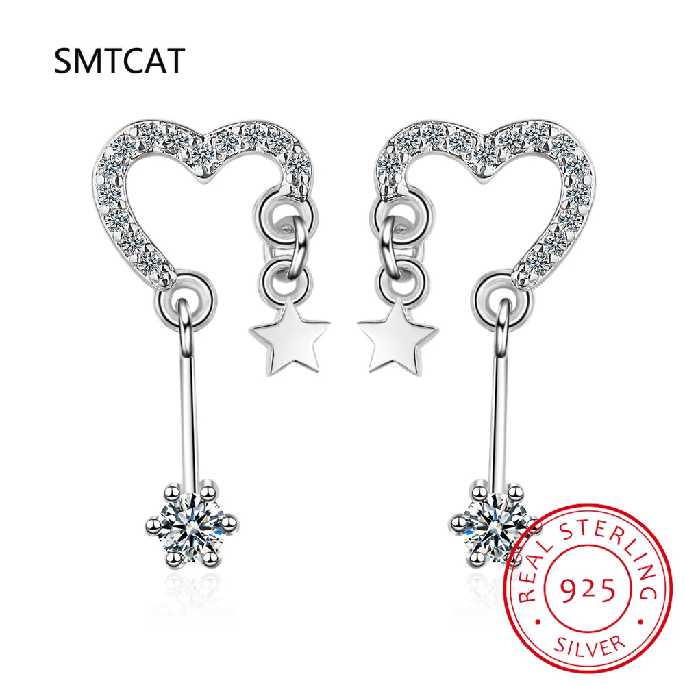 Ragazze 100% 925 Sterling Silver Trendy Heart Stud Earring Pave Setting Cz Star Earring Fine Jewelry Wholesale Ds4507