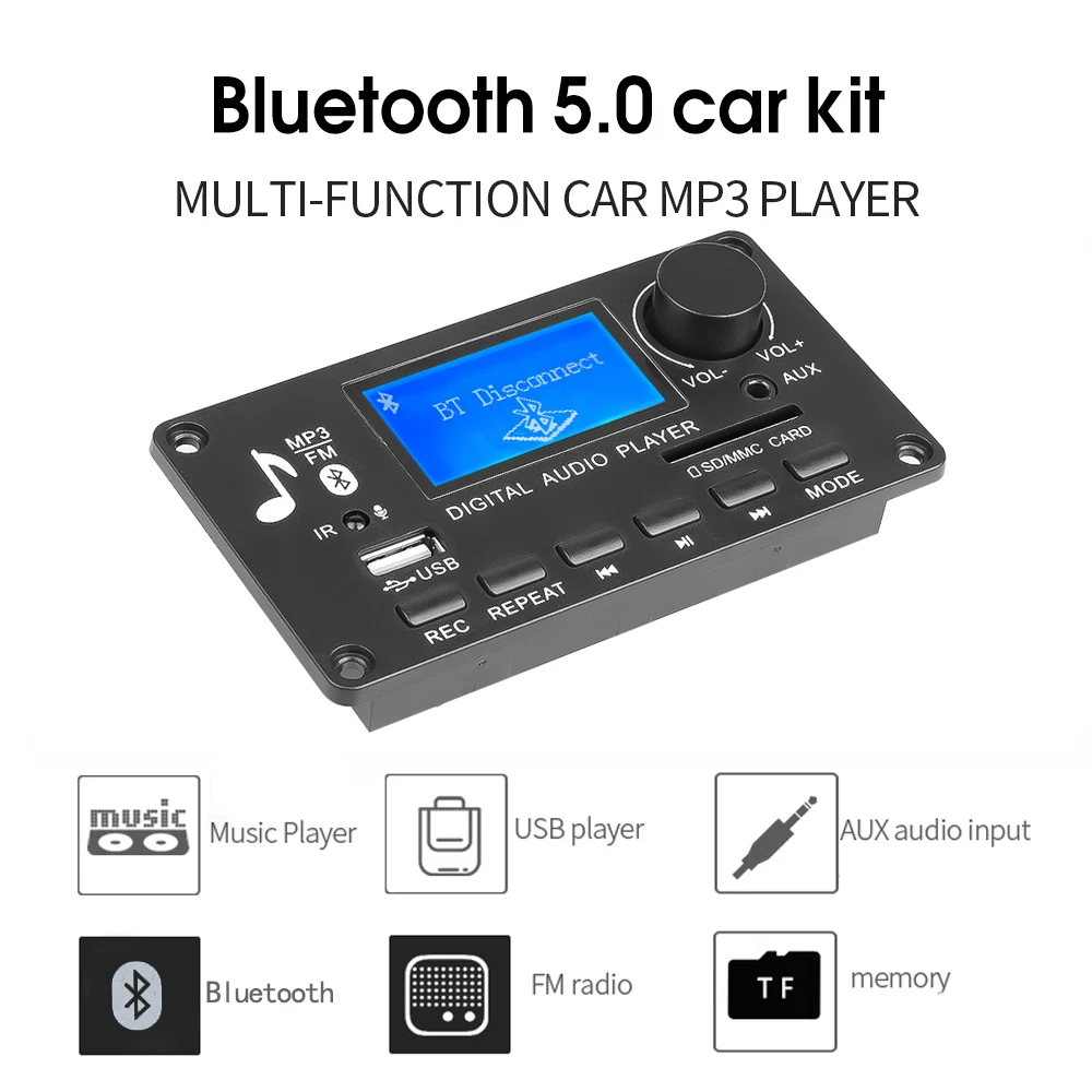 Kebidu 12V Bluetooth 5.0 Decoder Board Lettore Mp3 Per Auto Con Schermo Lcd Supporta Mp3/Usb/Tf/Line In/Fm/Bluetooth/Registrazione Chiamate