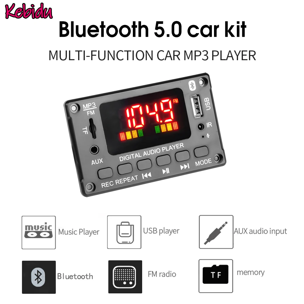Kebidu 12V Bluetooth Mp3 Decoder Board Wireless Call Recording Module Car Mp3 Wav Wma Player Support Mp3/Usb/Tf/Line In/Fm
