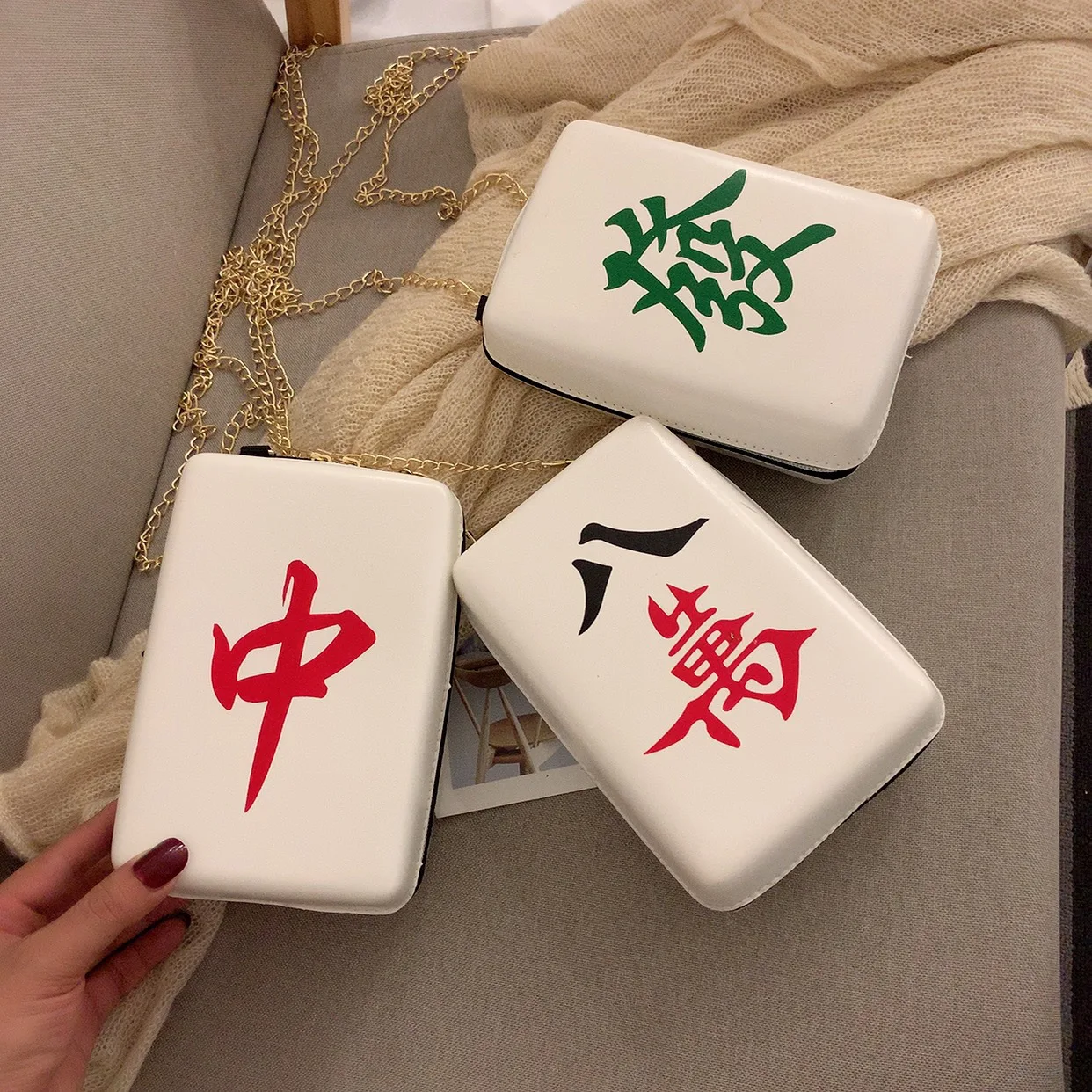 Cinese Majiang Mahjong Tiles Pu Crossbody Borsa A Tracolla Pacchetto Otto Dieci Red Centre Mille Green Dragon Boy Girl Gift
