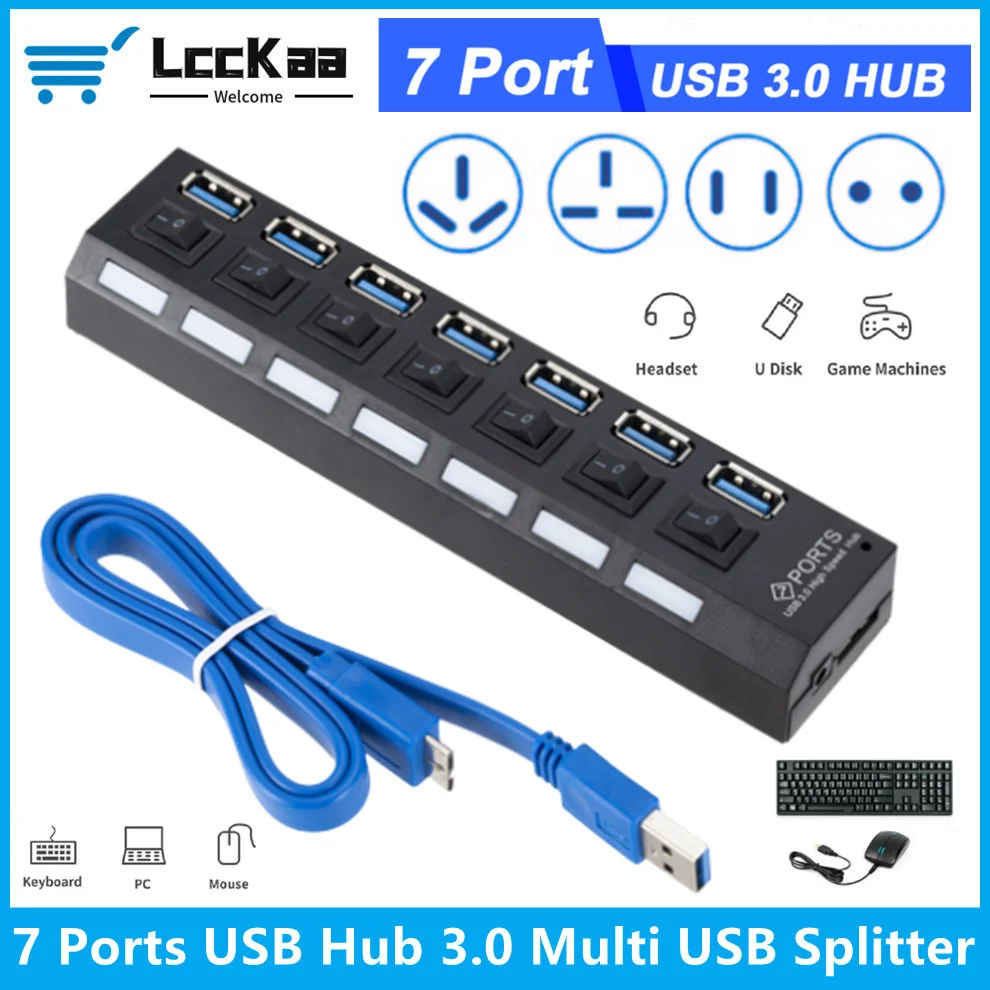 Lcckaa Usb Hub 3.0 Usb Splitter Multi Hub Usb 3.0 Adattatore Usb 7 Porte Adattatore Di Alimentazione Usb 3.0 Con Interruttore Accessori Per Laptop Per