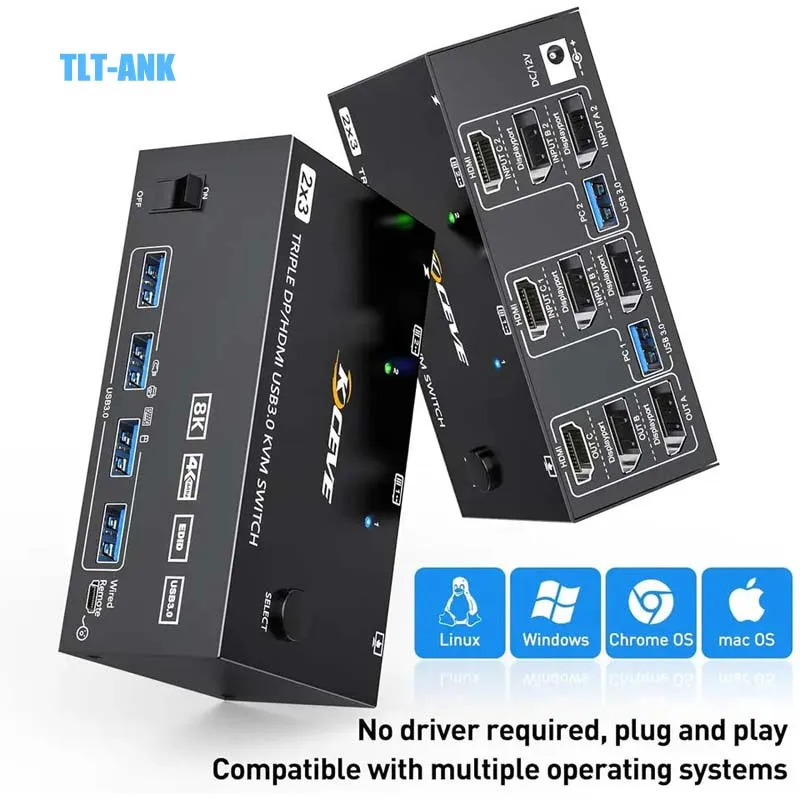 Multi Monitor 2 Displayport + Hdmi Usb3.0 Switch Kvm 8K 60Hz 4K @ 144Hz 3 Monitor 2 Computer
