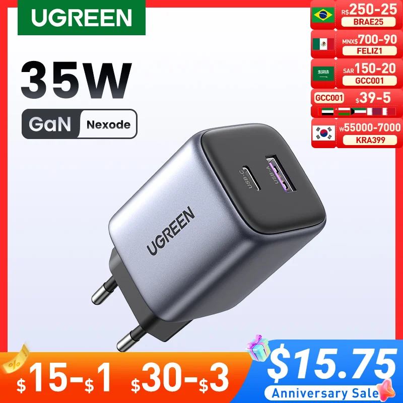 Caricabatterie Ugreen Gan 35W Caricabatterie Usb Pd3.0 Qc3.0 Caricabatterie Rapido Per Iphone 15 14 13 Pro Samsung Xiaomi Ipad Pro Caricatore Rapido U