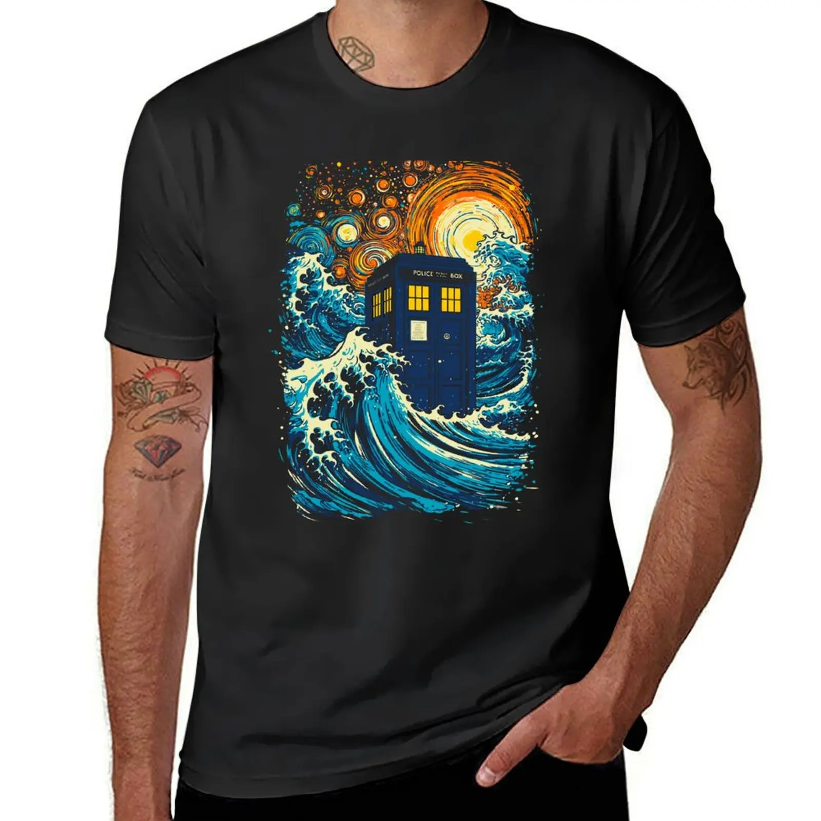 The Great Kanagawa Wave And The Tardis T-Shirt Manica Corta Tee Hippie Clothes Plus Size Magliette Per Uomo Graphic