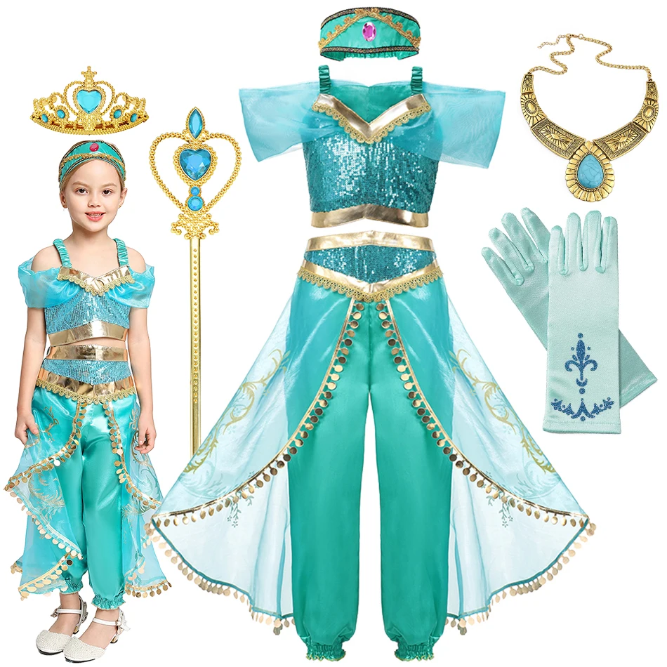 Disney Girls Arabian Princess Costume Jasmine Dress For Carnival Children Aladdin Lamp Fancy Outfit Girl Birthday Party Clothes