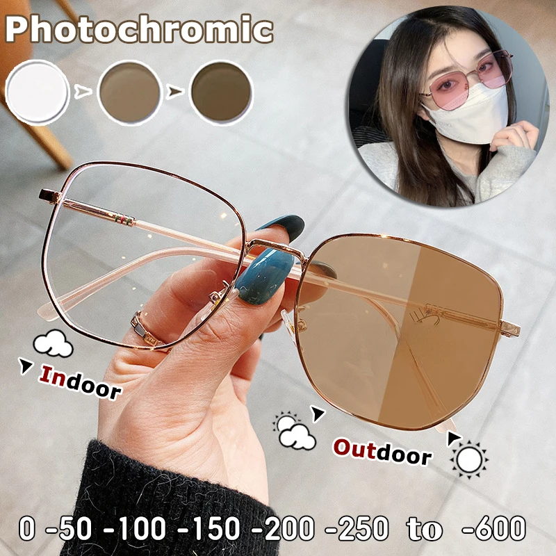 Big Square Photochromic Myopia Glasses Women Metal Frame Blue Light Filter Uv-Proof Finished Computer Glasses Degree -50 To -400
