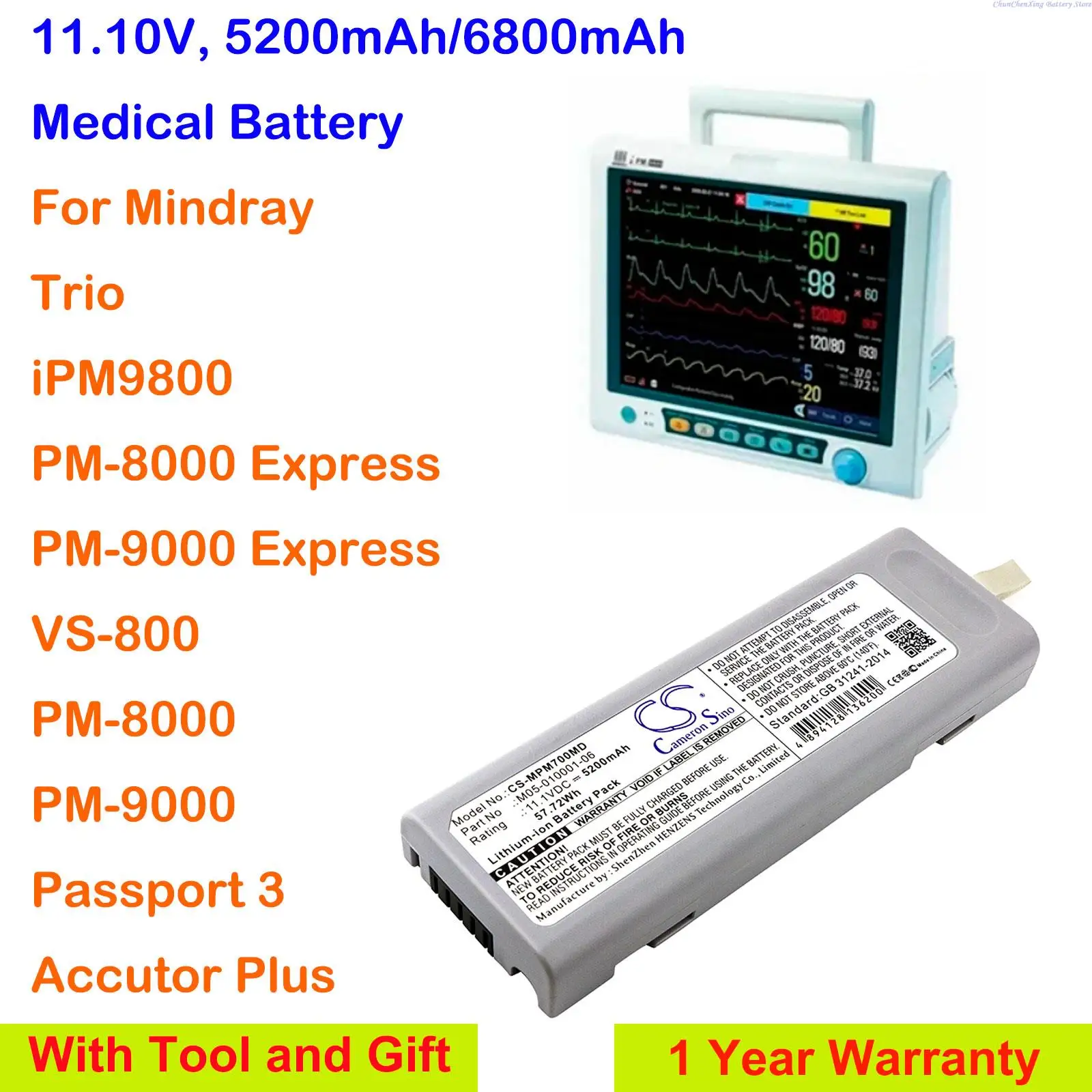 Batteria 5200Mah/6800Mah Per Mindray Trio,Vs-800,Pm-8000,Pm-9000, Passaporto 3,Accutorr Plus, Datascope Ex 0146-00-0099