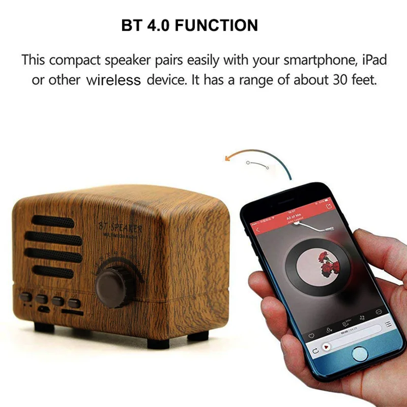 Altoparlante Bt Vintage Retrò Stereo Stereo 5W 600Mah Effetto Legno Portatile Con Radio Fm
