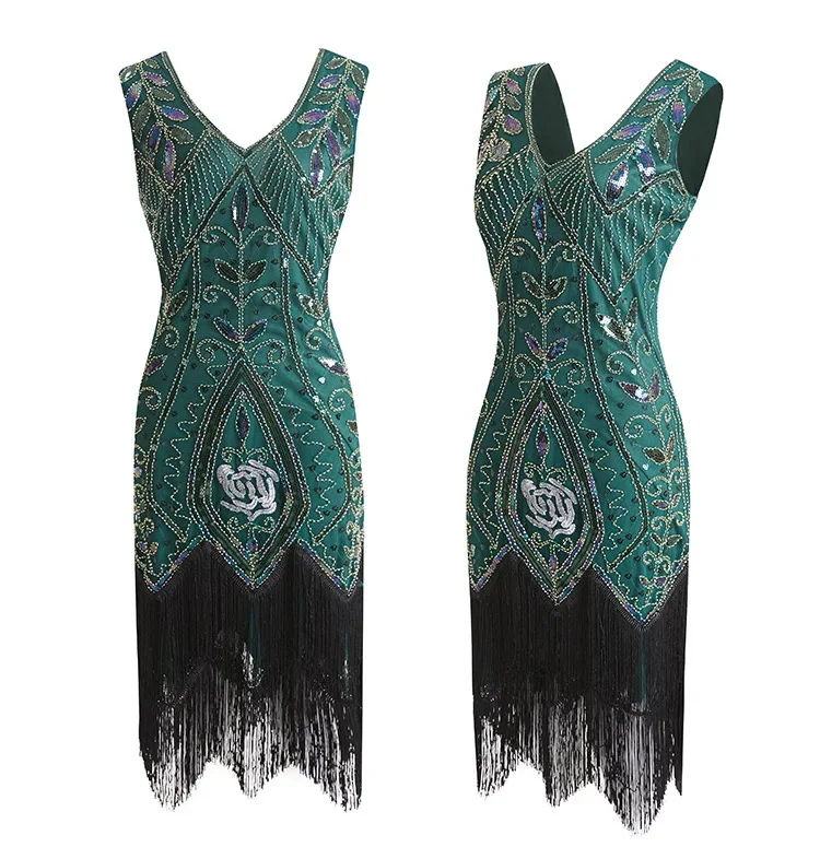 30 Summer Women Vintage Dress Paillettes 1920S Party Fringe Flapper Costume Con Scollo A V Great Gatsby Bodycon Dress Vestido De Festa