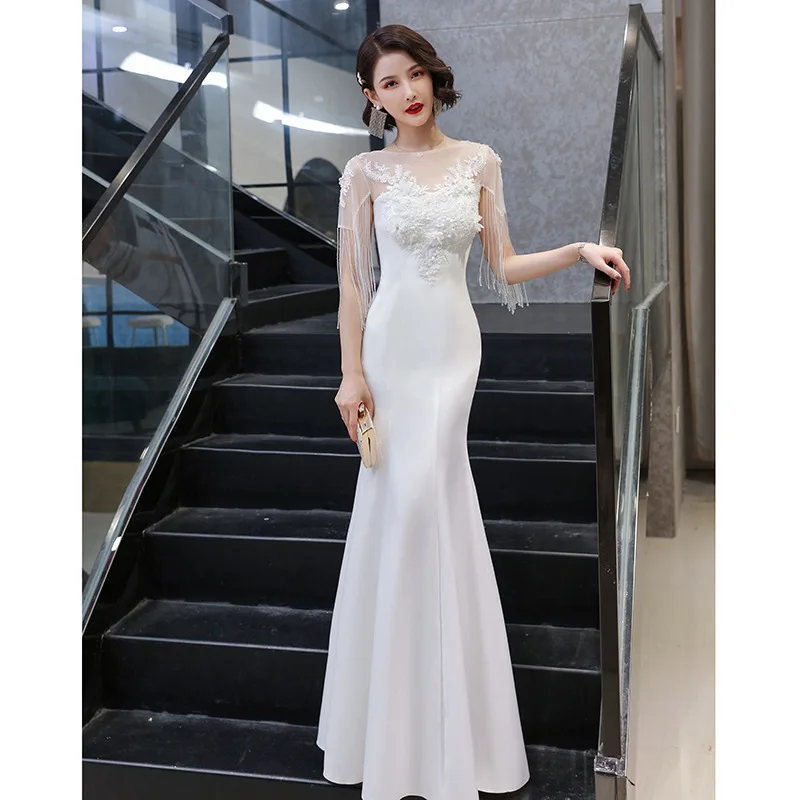 Long Grace Mermaid Dress Temperament Nappa Sleeve Qipao Appliques Vestidos De Festa Women White Celebrity Banquet Dresses
