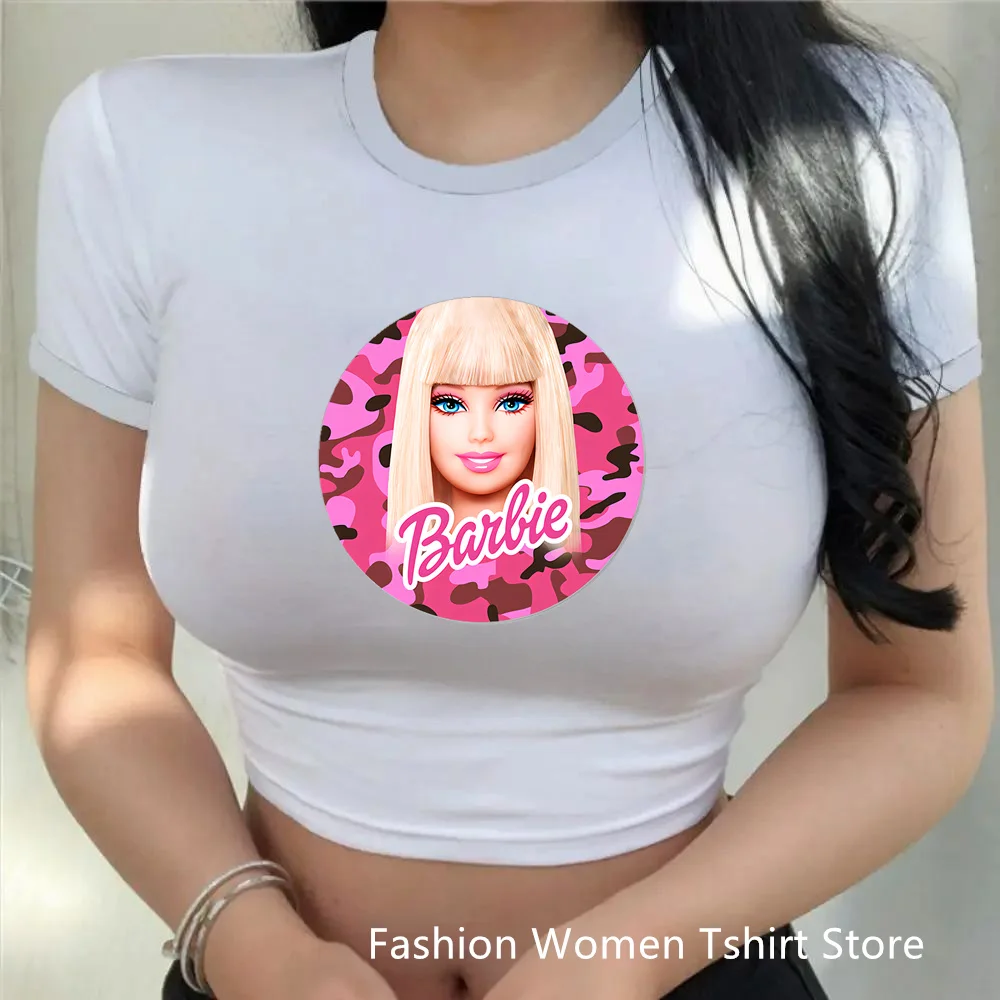 Estate Donna Moda Crop Sexy T-Shirt Barbie Principessa O-Collo Manica Corta T-Shirt Casual T-Shirt Basic Cartoon Printing Crop Top