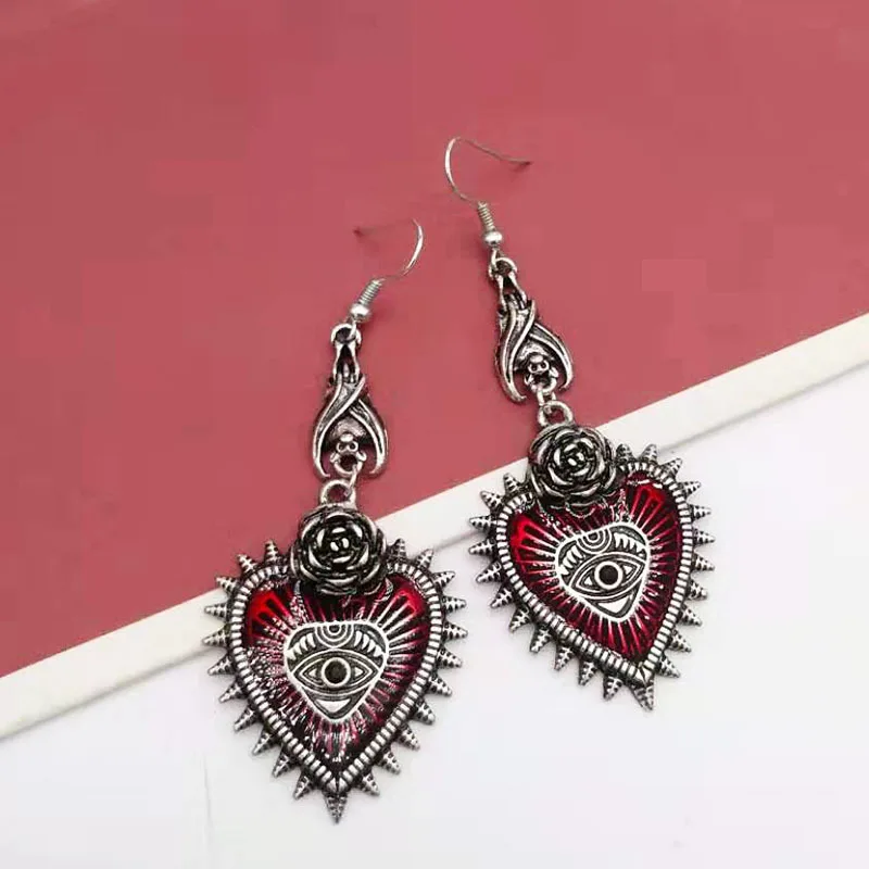 Dark Gothic Punk Wind Wild Rose Heart Blood Red Eye Drop Oil Bat Orecchini