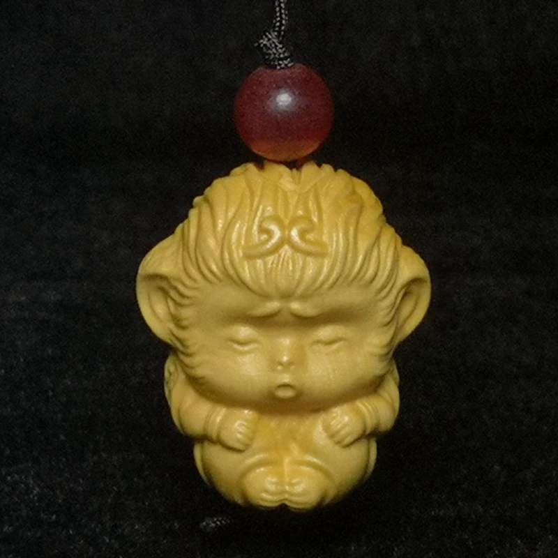 Cinese Bosso Intagliato Animale Scimmia Re Figura Statua Netsuke Ciondolo Haversack Decorazione Collezione Regalo