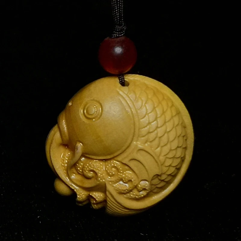 Cinese Bosso Legno Intagliato Pesce Fortunato Figura Statua Haversack Netsuke Ciondolo Decorazione Collezione Regalo