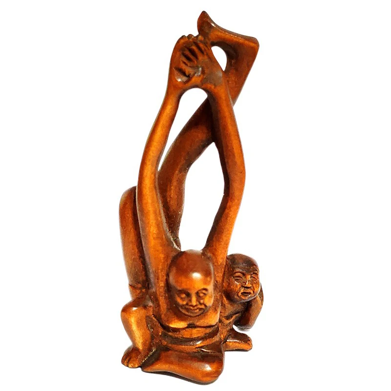 Y6401 - 2 "Netsuke In Legno Di Bosso Intagliato A Mano-2 Monaco Uomini Splendidi Lottatori