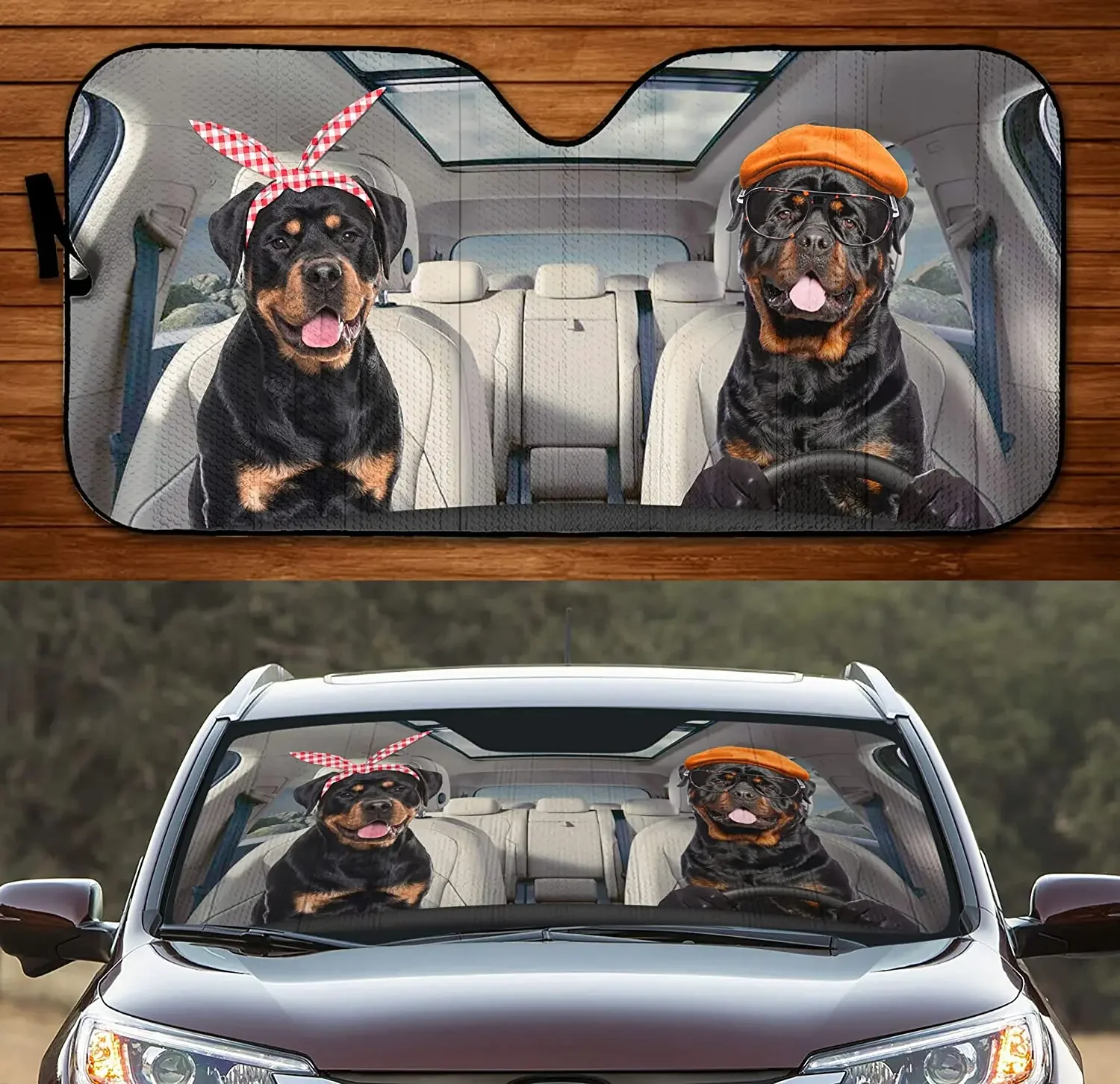 Divertente Abbronzatura Nera Rottweiler Famiglia Mano Sinistra Parasole Per Auto, Cani Rottweiler Che Guidano Parasole Automatico, Regalo Per Amante D