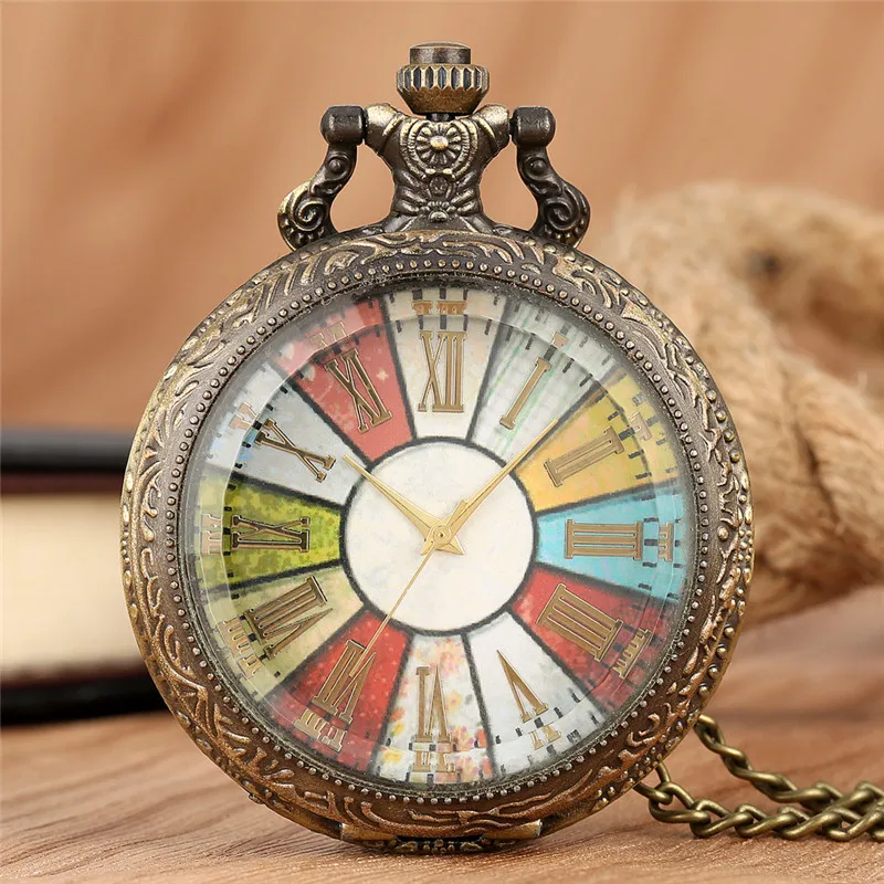 Bronzo Quadrante Colorato Uomo Donna Orologio Da Tasca Al Quarzo Collana Catena Numero Romano Display Copertura Transparent Half Hunter Reloj