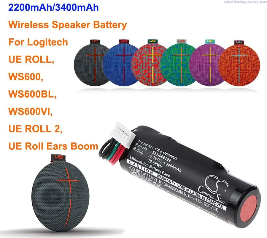 Batteria Altoparlante 2200Mah/3400Mah 533-000122 Per Logitech Ue Roll,Ws600,Ws600Bl,Ws600Vi,Ue Roll 2, Ue Roll Ears Boom
